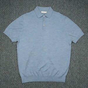Suitsupply Sweater Mens XL Blue Merino Wool Polo Short Sleeve Fine Knit Collar